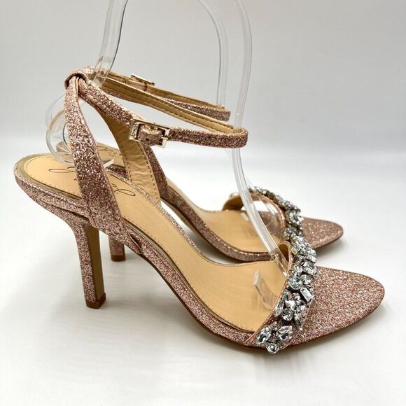 Jewel Badgley Mischka Size 7 Ojai Pink Silver Jeweled Dress Sandals Heels Shoes - Picture 1 of 15